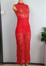 Casual Red Patchwork Lace Hollow-out Zipper High Neck Maxi Dress
