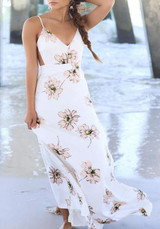 White Flowers Print Deep V-neck Backless Spaghetti Strap Bohemian Beach Maxi Dress
