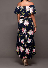 Black Flowers Print Irregular Side Slit Off-shoulder Two Piece Bohemian Maxi Dress