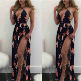 Women Flower Printing Deep V-neck Sexy Dress Summer Sleeveless Backless High Split Maxi Dress