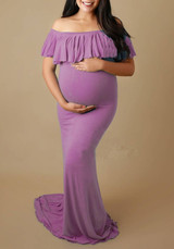 Casual Purple Ruffle Draped Off-shoulder Boat Neck Elegant Maternity Maxi Dress