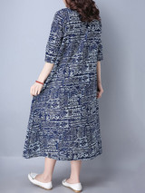 Casual Round Neck Decorative Button Printed Maxi Dress