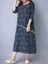 Casual Round Neck Decorative Button Printed Maxi Dress