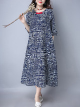 Casual Round Neck Decorative Button Printed Maxi Dress