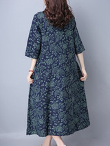 Casual Round Neck Decorative Button Printed Maxi Dress