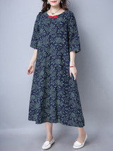 Casual Round Neck Decorative Button Printed Maxi Dress