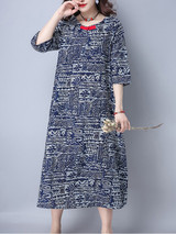 Casual Round Neck Decorative Button Printed Maxi Dress