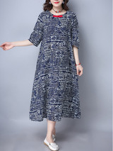 Casual Round Neck Decorative Button Printed Maxi Dress