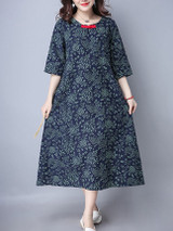 Casual Round Neck Decorative Button Printed Maxi Dress