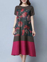 Casual Round Neck Patchwork Decorative Button Color Block Printed Linen Maxi Dress