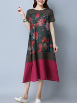 Casual Round Neck Patchwork Decorative Button Color Block Printed Linen Maxi Dress