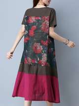 Casual Round Neck Patchwork Decorative Button Color Block Printed Linen Maxi Dress