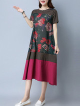 Casual Round Neck Patchwork Decorative Button Color Block Printed Linen Maxi Dress