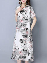 Casual V-Neck Decorative Button Abstract Print Cotton/Linen Maxi Dress
