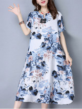 Casual V-Neck Decorative Button Abstract Print Cotton/Linen Maxi Dress