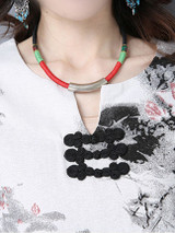 Casual V-Neck Decorative Button Abstract Print Cotton/Linen Maxi Dress