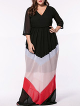 Casual Color Block Hollow Out Deep V-Neck Chiffon Plus Size Maxi Dress