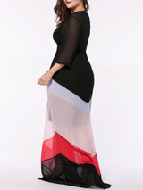 Casual Color Block Hollow Out Deep V-Neck Chiffon Plus Size Maxi Dress