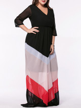 Casual Color Block Hollow Out Deep V-Neck Chiffon Plus Size Maxi Dress