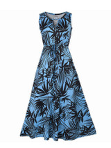 Casual Keyhole Leaf Printed Round Neck Swing Plus Size Maxi Dress