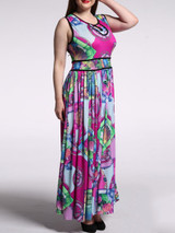 Casual Swing Contrast Trim Keyhole Printed Plus Size Maxi Dress