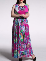 Casual Swing Contrast Trim Keyhole Printed Plus Size Maxi Dress