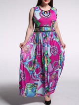 Casual Swing Contrast Trim Keyhole Printed Plus Size Maxi Dress