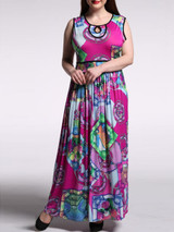 Casual Swing Contrast Trim Keyhole Printed Plus Size Maxi Dress