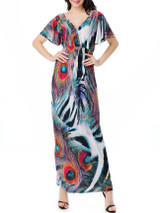 Casual Color Block Feather Deep V-Neck Plus Size Maxi Dress