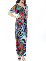 Casual Color Block Feather Deep V-Neck Plus Size Maxi Dress