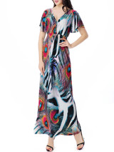 Casual Color Block Feather Deep V-Neck Plus Size Maxi Dress