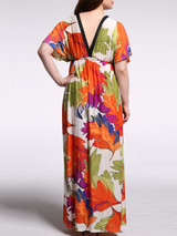 Casual Designed Color Block Printed Deep V-Neck Plus Size Maxi Dress