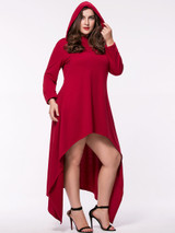 Hooded Asymmetric Hem Plain Plus Size Maxi Dress