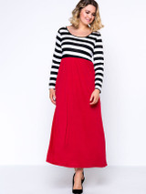 Casual Round Neck Color Block Striped Plus Size Maxi Dress