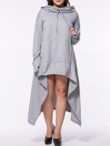 Hooded Asymmetric Hem Kangaroo Pocket Plain Plus Size Maxi Dress
