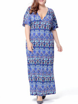 Casual Tribal Printed Deep V-Neck Plus Size Maxi Dress