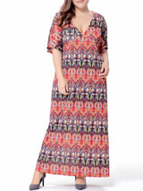 Casual Tribal Printed Deep V-Neck Plus Size Maxi Dress