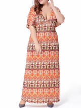 Casual Tribal Printed Deep V-Neck Plus Size Maxi Dress