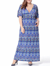 Casual Tribal Printed Deep V-Neck Plus Size Maxi Dress