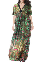Casual Deep V-Neck Empire Plus Size Maxi Dress In Feather Printed