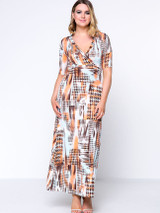 Casual Houndstooth Printed Deep V-Neck Plus Size Maxi Dress