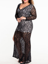 V-Neck Decorative Lace High Slit Fishtail Hem Lace Polyester Plus Size Midi & Maxi Dress