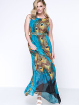 Casual Gorgeous Round Neck Feather Printed Chiffon Plus Size Maxi Dress