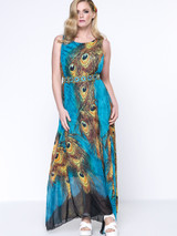 Casual Gorgeous Round Neck Feather Printed Chiffon Plus Size Maxi Dress