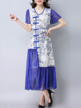 Casual V-Neck Patchwork Ruffled Hem Hollow Out Printed Maxi Dress