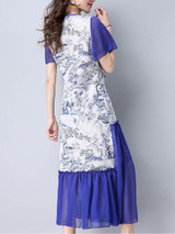 Casual V-Neck Patchwork Ruffled Hem Hollow Out Printed Maxi Dress