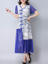 Casual V-Neck Patchwork Ruffled Hem Hollow Out Printed Maxi Dress