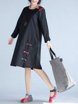 Casual Round Neck Decorative Button Cotton/Linen Maxi Dress