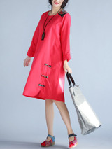 Casual Round Neck Decorative Button Cotton/Linen Maxi Dress