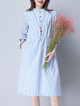 Casual Band Collar Slit Pocket Vertical Striped Maxi Dress